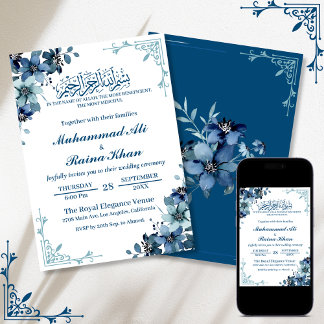Minimal Blommigt Blue White Bismillah Bröllop Inbjudningar