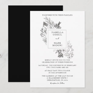 Minimal Blommigt, svart och vit Bröllop Inbjudningar
