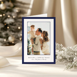 Minimal Blue Border Photo Elegant Christmas Helgkort