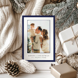 Minimal Blue Border Photo Elegant Christmas Julkort