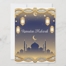 Minimal Blue & Gold Mosque Ramadan Mubarak  Julkort
