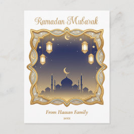 Minimal Blue & Gold Mosque Ramadan Mubarak  Vykort