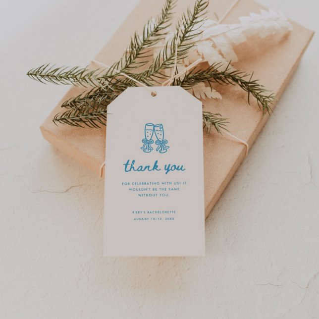 Minimal Blue Script Bachelorette Party Thank You Presentetikett (Skapare uppladdad)