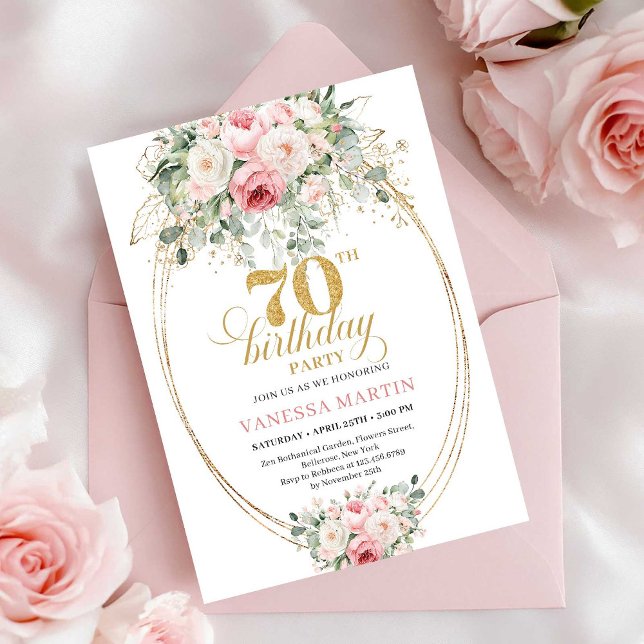 Minimal Blush Blommig 70-års Födelsedagsinbjudan Inbjudningar (Minimal Blush Floral 70th Birthday Invitation)