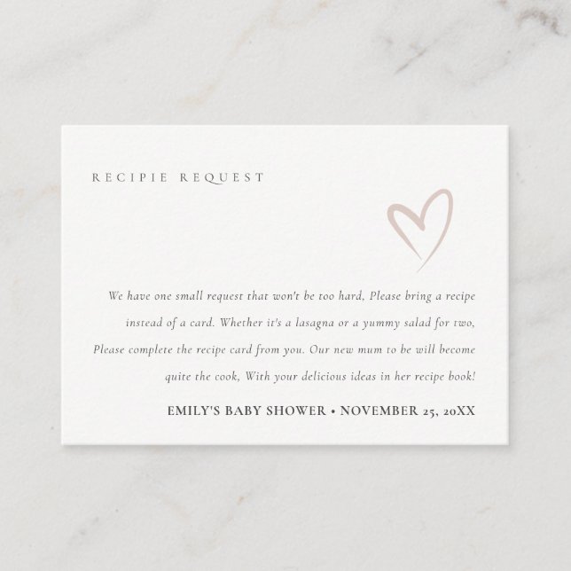 Minimal Blush Hjärt Baby Shower Receptförfrågan Tilläggskort (Framsida)
