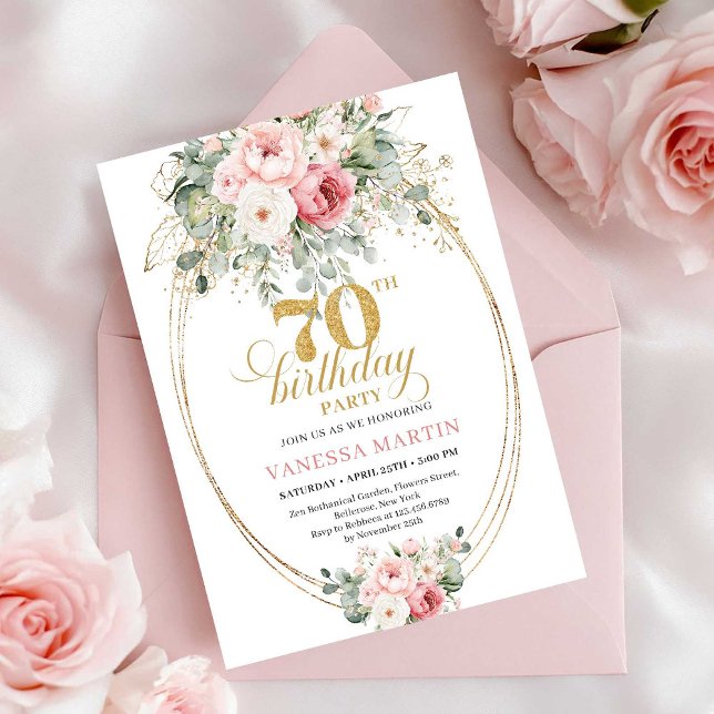 Minimal Blush och Guld 70-års Födelsedagsinbjudan Inbjudningar (Minimal Blush and Gold 70th Birthday Invitation)
