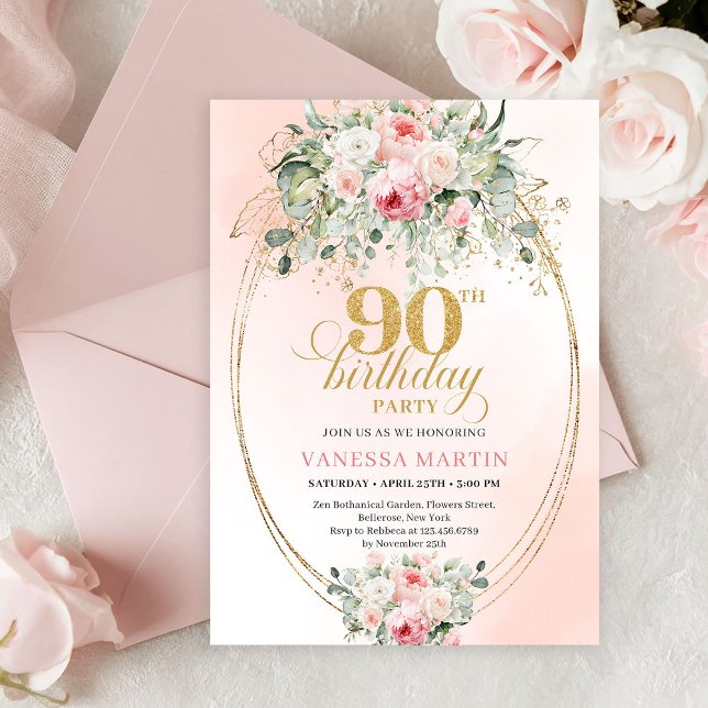 Minimal Blush Rose Gold 90th Birthday Party Invite Inbjudningar (Minimal Blush Rose Gold 90th Birthday Party Invitation)