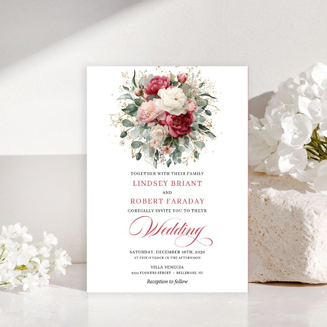 Minimal Bohemian Red Blush Floral Greenery Invites Inbjudningar (Minimal Bohemian Red Blush Floral Greenery Invitation)