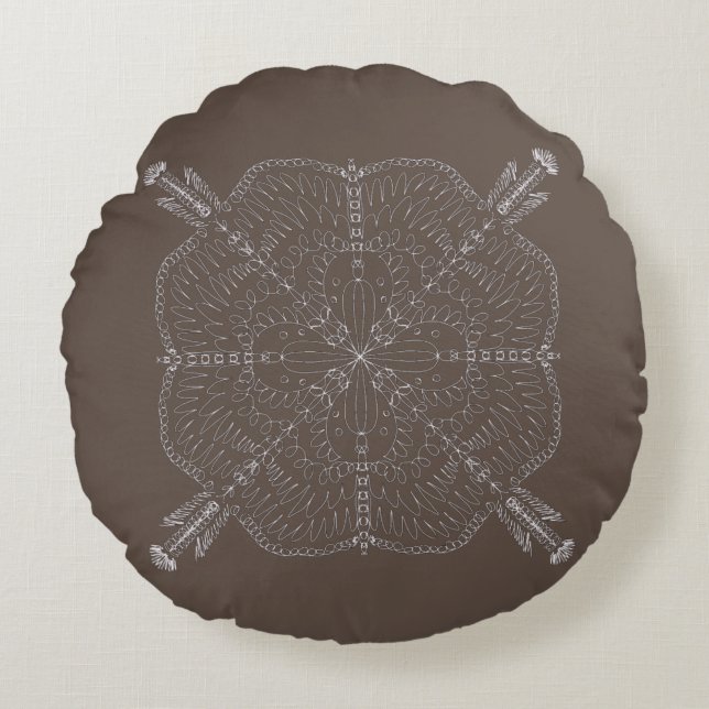 Minimal bohemisk mandala handritad brun rund kudde (Framsidan)