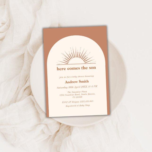 Minimal Boho Arch här kommer från barnskåran. Inbjudningar (Minimal Boho Arch Here Comes The Son Baby Shower Invitation)