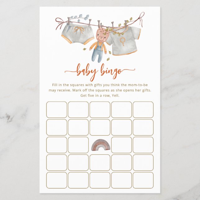 Minimal Boho Baby Shower Bingo Game Flyer (Framsidan)