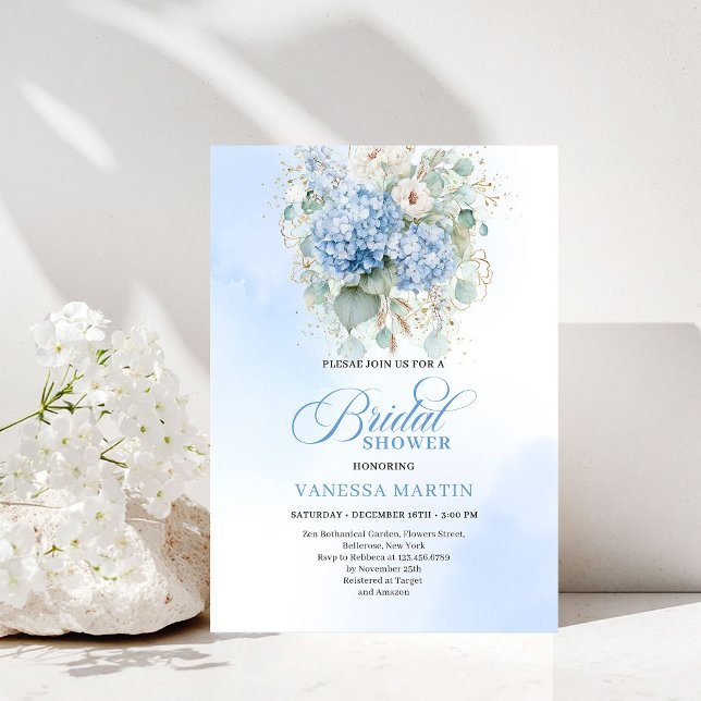 Minimal Boho Blå Blommig Bröllopsfest Inbjudan (Minimal Boho Blue Floral Bridal Shower Invitation)