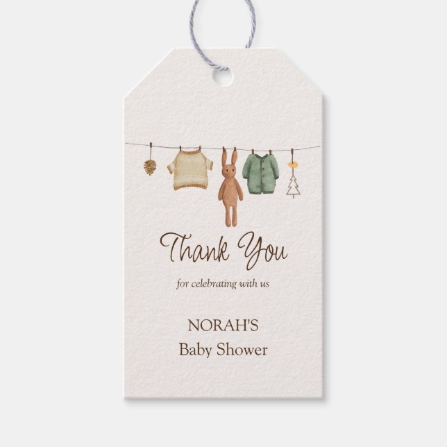 Minimal Boho Boy Clothes Tack Baby Shower Presentetikett (Framsidan)