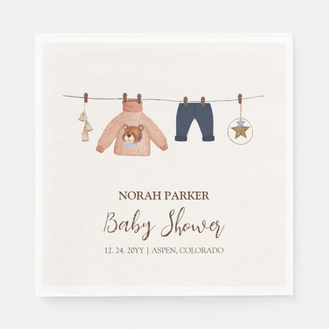 Minimal Boho Boy Winter Clothesline Baby Shower Pappersservett (Framsidan)