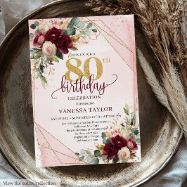 Minimal Boho Deep Red Guld Flowers 80:e födelsedag Inbjudningar