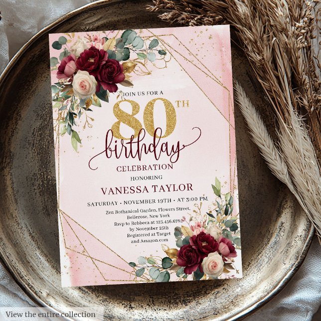 Minimal Boho Deep Red Guld Flowers 80:e födelsedag Inbjudningar (Minimal Boho Deep Red Gold Flowers 80th Birthday Invitation)
