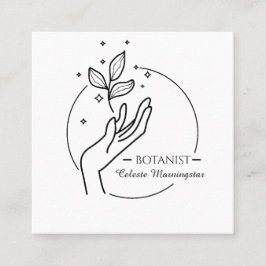 Minimal Boho Hand & Löv Botanist Logotyp Fyrkantigt Visitkort