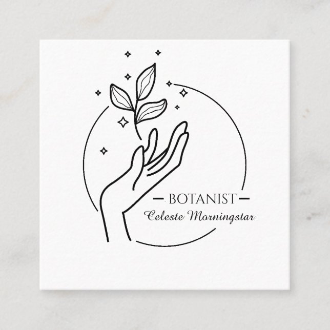 Minimal Boho Hand & Löv Botanist Logotyp Fyrkantigt Visitkort (Framsida)