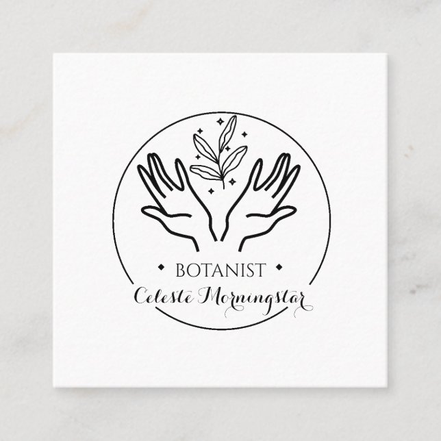 Minimal Boho Hand & Löv Botanist Logotyp Square Bu Fyrkantigt Visitkort (Framsida)