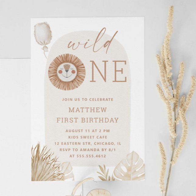 Minimal Boho Lejon | Vild 1:a födelsedag Party Inbjudningar (Skapare uppladdad)