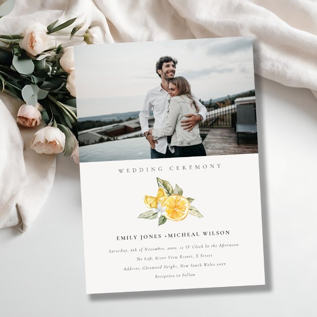 Minimal Boho Lemon Foliage Photo Wedding-inbjudan Tack Kort (Skapare uppladdad)