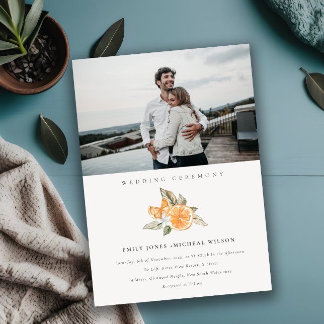 Minimal Boho Orange Foliage Photo Wedding-inbjudan Tack Kort (Skapare uppladdad)