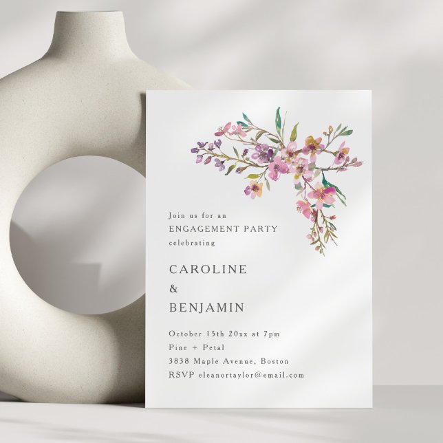 Minimal Boho Pink Wildflowers Engagement Party Inbjudningar (Skapare uppladdad)