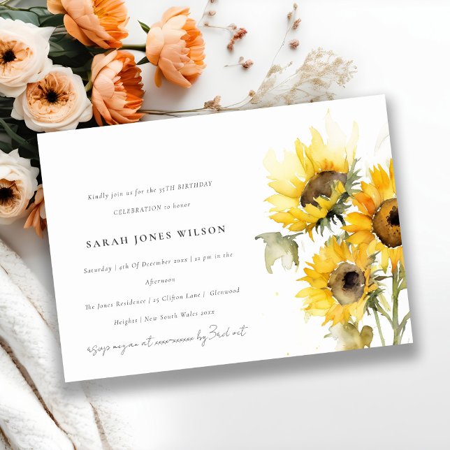 Minimal Boho Rustic Solros Watercolor Birthday Inbjudningar (Skapare uppladdad)