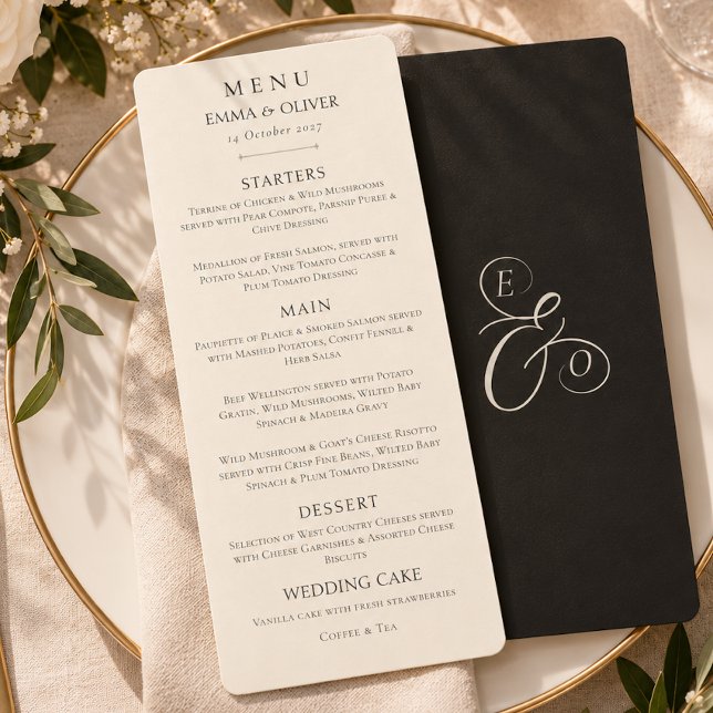 Minimal Boho Svart Elfenbensvit Bröllopsmeny Meny (Minimal Boho Black Ivory Wedding Menu)