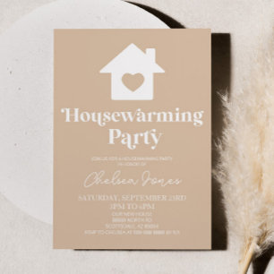 Minimal Boho Tan Beige Simple Houseuppvärmning Par Inbjudningar