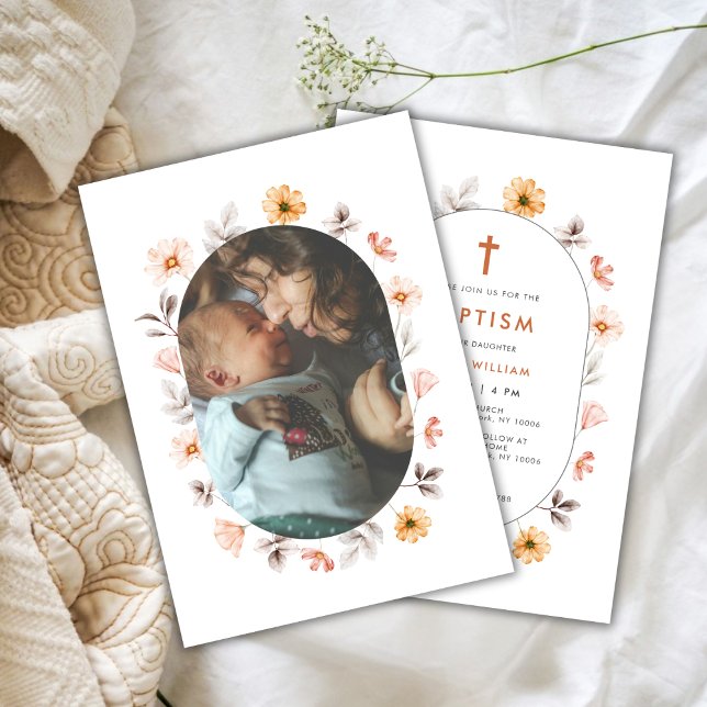 Minimal boho Wildblomfoto Ram Kor-baptism Inbjudningar (Minimal Boho Wildflower Photo Frame Cross Baptism Invitation)