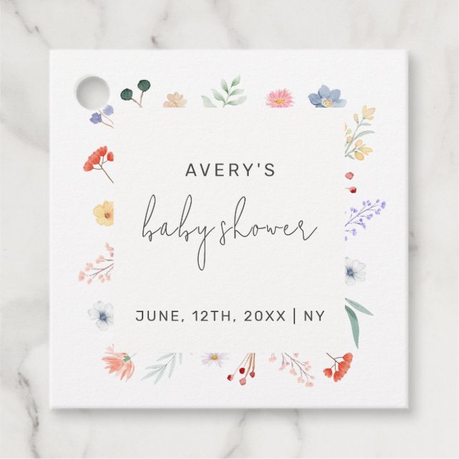 Minimal Boho Wildblomma Ram Baby Shower Gåvor Etiketter (Framsida)