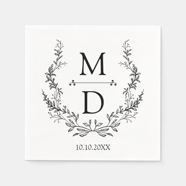 minimal botanisk krans initialer monogram bröllop pappersservett (Framsidan)