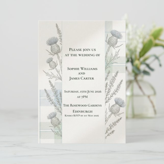 Minimal botanisk tistel lavendel skotsk bröllop inbjudningar (Stående Fram)