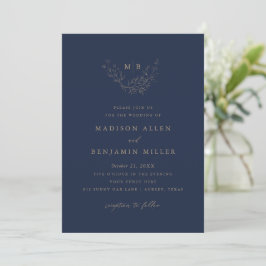 Minimal Bröllop med Navy Guld Botanisk Monogram Inbjudningar