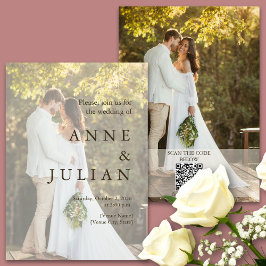 Minimal bröllopsinbjudan med 2 foton och QR-kod Inbjudningar