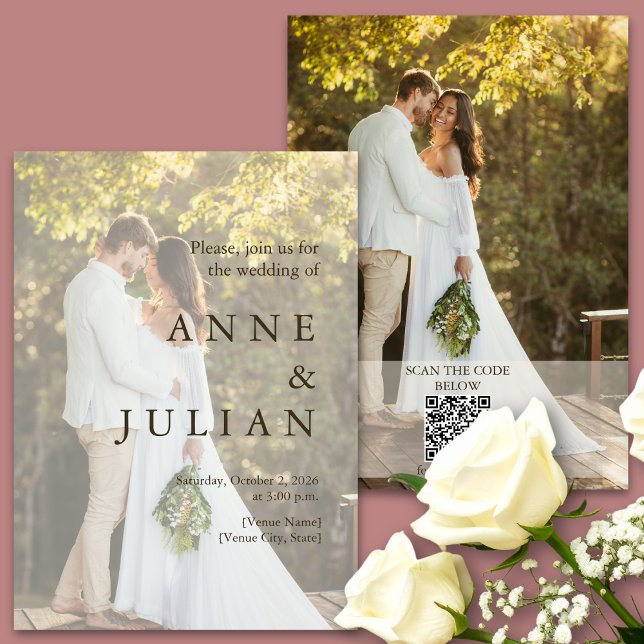 Minimal bröllopsinbjudan med 2 foton och QR-kod Inbjudningar (Skapare uppladdad)