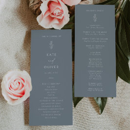 Minimal bröllopsprogram med löv i dammig blå