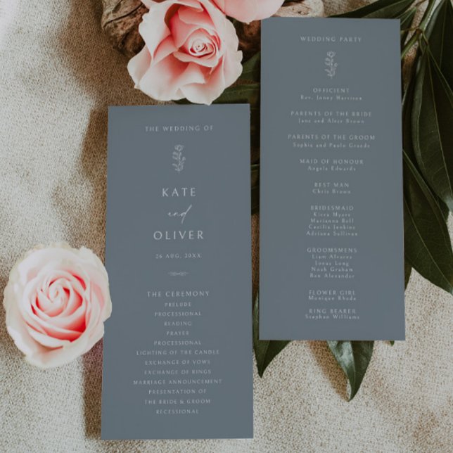 Minimal bröllopsprogram med löv i dammig blå (Skapare uppladdad)
