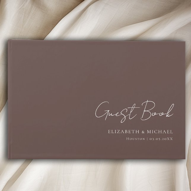 Minimal, brunt handskriftsskript Bröllop Gästböcker (Minimal, Brown - White Handwriting Script Wedding Guest Book with your name and date.)
