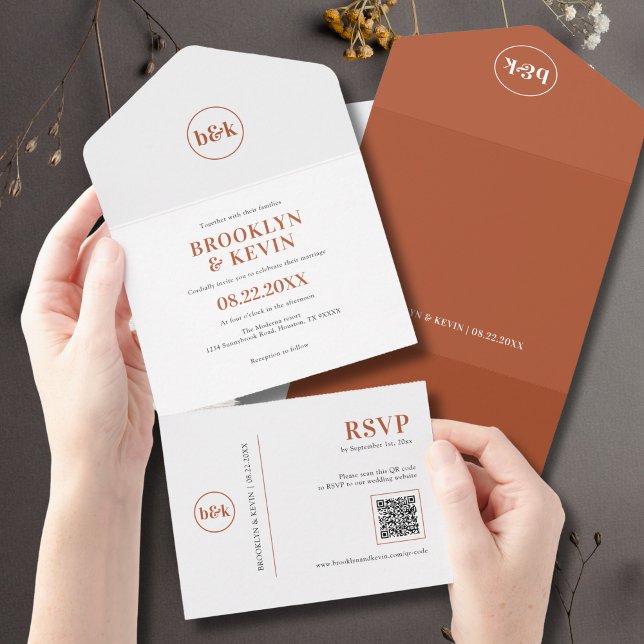 Minimal budgeterad terracotta Rust QR-kod + OSA (Minimalist Budget Terracotta Rust QR Code + RSVP All In One Invitation)