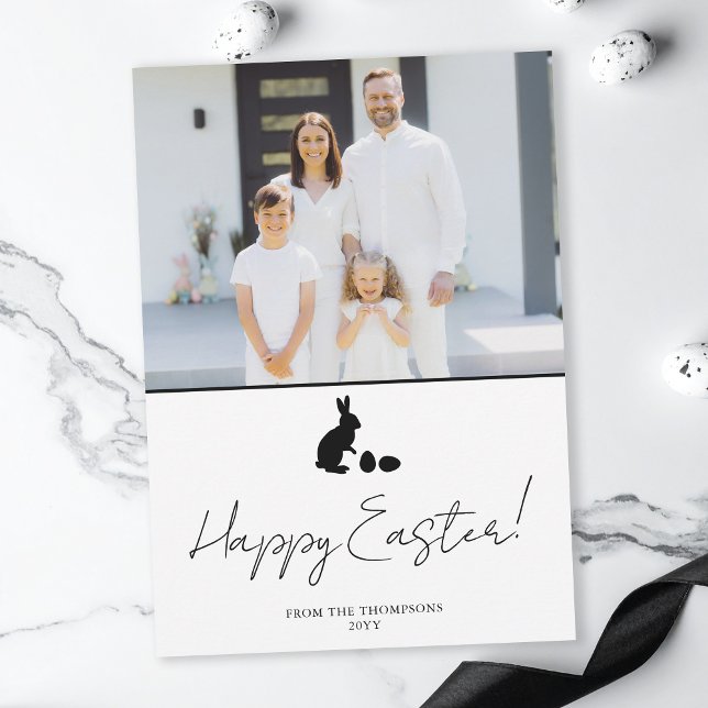 Minimal Bunny In Black And Family Photo Easter Kort (Skapare uppladdad)
