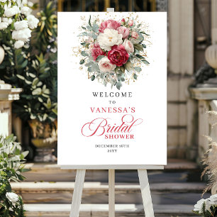 Minimal Burgunder Guld Blommig Bröllopsfest Välkom Poster