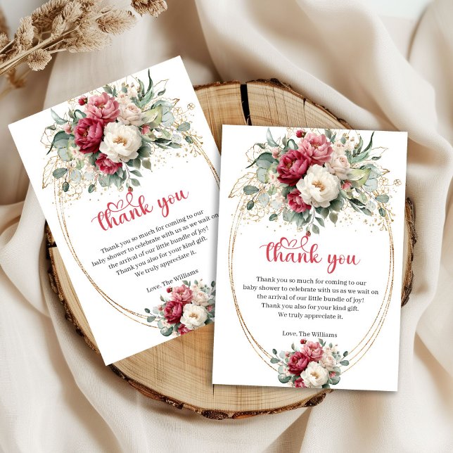 Minimal burgunder vit guldblommig baby shower  tack kort (Minimal Burgundy White Gold Floral Baby Shower Thank You)