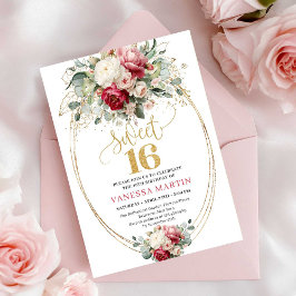Minimal Burgundy Blush Gold Floral Sweet 16 Invite Inbjudningar