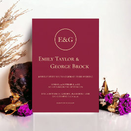Minimal Burgundy Guld Luxury Monogram Chic Bröllop Inbjudningar