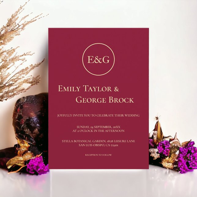 Minimal Burgundy Guld Luxury Monogram Chic Bröllop Inbjudningar (Skapare uppladdad)
