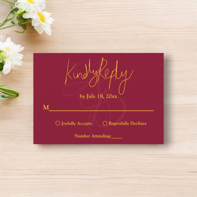 Minimal Burgundy och Guld Monogram Elegant bröllop OSA Kort (Skapare uppladdad)