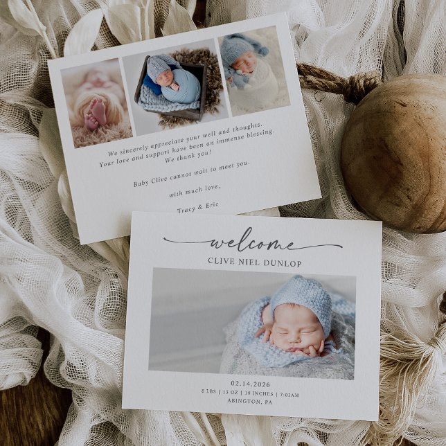 Minimal Calligraphy Boho Birth Announcement Card Tack Kort (Skapare uppladdad)