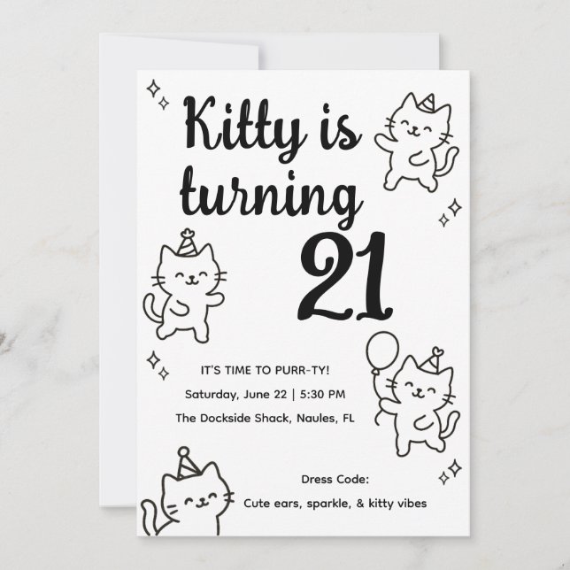 Minimal Cat Doodle Birthday Invitation Inbjudningar (Framsida)